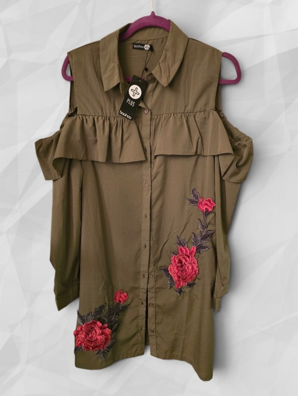 Boohoo Plus Khaki Floral Embroidered Cold-Shoulder Shirt Dress